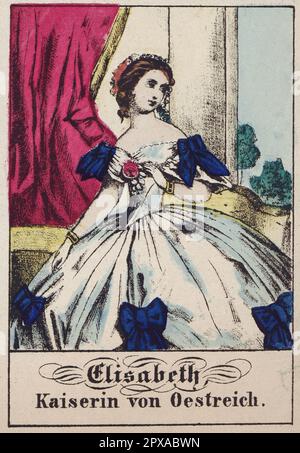 Сolor lithographie de l'impératrice Elisabeth d'Autriche. 1861 la duchesse Elisabeth en Bavière (Elisabeth Amalie Eugenie; 1837–1898), surnommée Sisi fut l'impératrice d'Autriche et la reine de Hongrie depuis son mariage avec l'empereur François-Joseph I le 24 avril 1854 jusqu'à son assassinat en 1898. Banque D'Images