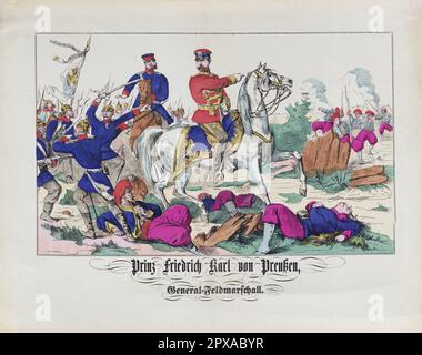 Lithographie de couleur vintage du prince Friedrich Karl de Prusse. 1870 le prince Friedrich Karl Nikolaus de Prusse (1828–1885) était un petit-fils du roi Frédéric Guillaume III de Prusse et un neveu de Frédéric Guillaume IV et de Guillaume I. En tant que commandant militaire, le prince a eu une influence majeure sur les progrès de l'armée royale prussienne en matière d'entraînement et de tactique en 1850s et 1860s. Il commande l'une des armées qui battit l'armée autrichienne à la bataille de Königgrätz en 1866 et l'armée française du Rhin à la bataille de Mars-la-Tour, supervisant la défaite de l'armée du Rhin au siège de Banque D'Images