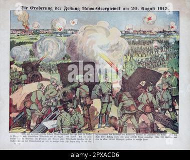 Gravure de couleur allemande de la capture de la forteresse de Novo-Georgievsk sur 20 août 1915. 1915 le siège de Novogeorgievsk était une bataille de la première Guerre mondiale après que les Allemands ont brisé les défenses russes à l'offensive Bug-Narew de Hindenburg. En termes de nombre de victimes et de trophées, la victoire allemande à Novogeorgievsk a dépassé la victoire à Tannenberg en 1914. C'est aussi l'une des victoires les plus brillantes dans la capture d'une forteresse fortement fortifiée, défendue par des forces ennemies supérieures. Banque D'Images