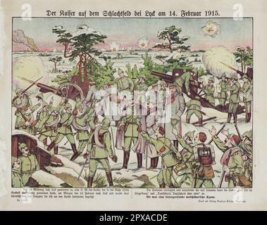 Lithographie d'époque de l'empereur sur le champ de bataille de Lyck sur 14 février 1915. La deuxième bataille des lacs Masuriens, le 7-21 février 1915 (également connue sous le nom de bataille d'hiver en Masurie) faisait partie d'un plan allemand et autrichien trop ambitieux visant à couper les armées russes en Pologne. Cela impliquait une attaque austro-hongroise en Galice, vers Lemberg, et une attaque allemande de Prusse orientale. On espérait que les deux pinceurs pourraient se rencontrer à l'est de Varsovie. Hindenburg et Ludendorff, les commandants allemands à l'est, n'étaient pas convaincus par le grand plan, mais ils pensaient qu'ils pouvaient détruire la R Banque D'Images