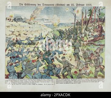 Lithographie d'époque de la première Guerre mondiale : l'attaque du fort Douaumont (première bataille offensive de Verdun) sur 25 février 1916. 1916 Banque D'Images