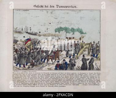 Gravure allemande de la bataille à Dannewerken, 1864 la seconde guerre du Schleswig (Danois: Krigen i 1864; Allemand: Deutsch-Dänischer Krieg), aussi connue sous le nom de guerre Dano-Prusse ou de guerre Prusse-Danois, fut le second conflit militaire sur la question du Schleswig-Holstein du XIXe siècle. Banque D'Images