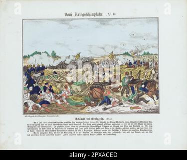 Lithographie de couleur vintage: Du théâtre de guerre. N° 14. Bataille de Königgrätz. 1866 la bataille de Königgrätz (ou Sadowa) fut la bataille décisive de la guerre austro-prussienne dans laquelle le Royaume de Prusse battit l'Empire autrichien. Elle a eu lieu le 3 juillet 1866, près de la ville bohème de Hradec Králové (allemand : Königgrätz) et du village de Sadová, aujourd'hui en République tchèque. Banque D'Images