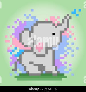 l'éléphant de 8 bits joue de l'eau colorée. Animaux heureux pour le point de croix dans les illustrations vectorielles. Illustration de Vecteur