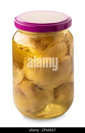 Artichauts en conserve dans de l'huile dans un pot en verre isolé sur du blanc avec passe-cheveux inclus Banque D'Images