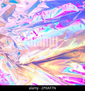 Texture réelle holographique de couleur rose bleue avec rayures et irrégularités. Film froissé de couleur holographique. Sac abstrait holographique à feuilles arc-en-ciel Banque D'Images
