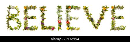 Fleurs lettres Bâtiment anglais Word Believe. Fleurs d'été et de printemps et Lei de fleurs. Banque D'Images