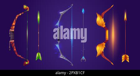 Ensemble de dessins animés d'arcs et de flèches fantaisie isolés sur l'arrière-plan. Illustration vectorielle de l'ancienne arme de tir à l'arc en bois, or et argent métal, décorée de pierres précieuses, plumes. Effet puissance magique Illustration de Vecteur