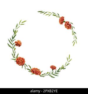 Illustration de la couronne fleurie aquarelle avec fleurs marigolées et feuilles vertes. Banque D'Images