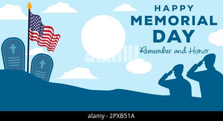 Joyeux jour commémoratif avec silhouette deux soldats rendent hommage à la tombe du héros et au drapeau américain Illustration de Vecteur