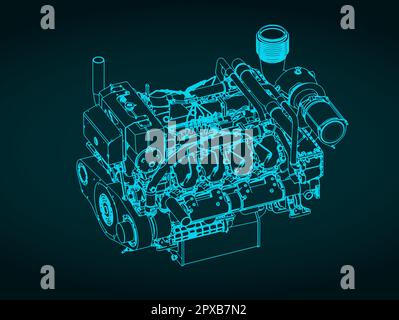 Illustration vectorielle stylisée d'un modèle de moteur diesel marin à usage intensif Illustration de Vecteur