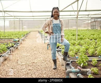 Heureuse paysanne dans sa serre. Fier fermier debout dans son jardin. Agriculteur afro-américain dans sa pépinière. Portrait de jeune fermier souriant Banque D'Images