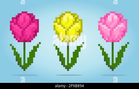 8 bit pixel fleur de tulipe. Ensemble de fleurs pour les motifs de point de croix, dans les illustrations vectorielles. Illustration de Vecteur