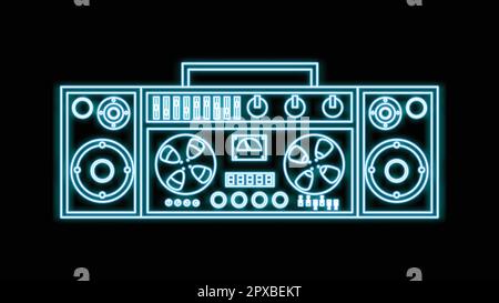 Blue Neon Music cassette audio magnétophone Old Retro hipster vintage de 70s, 80s, 90s sur fond noir. Illustration vectorielle. Illustration de Vecteur