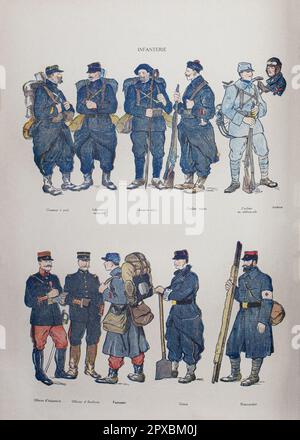 Première Guerre mondiale Armée française. Infanterie. En haut, de gauche à droite : pied huntsman (Jäger). Infanterie coloniale. Chasseur alpin. Rifleman marin. Cycliste en embuscade. Aviateur. En bas, de gauche à droite : officier d'infanterie. Officier d'artillerie. Fantassin. Ingénieur militaire. Brancard (paramédical). Banque D'Images