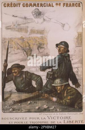 Première Guerre mondiale Affiche française. Crédit commercial de France. 4th prêt de défense nationale - 1918. Abonnez-vous à la victoire et au triomphe de la liberté. Soldats français dans une tranchée. Derrière eux se cachent de légères traces de soldats américains. Dans le fond lointain, la victoire tient une couronne de Laurier et une épée. Banque D'Images