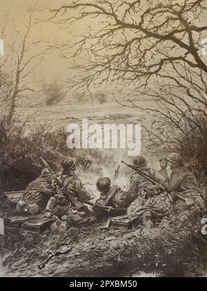 Première Guerre mondiale Les troupes d'assaut allemandes, qui avancent en plein air, sont mues par des mitrailleuses françaises. Par Georges Scott Banque D'Images