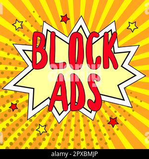 Texte montrant inspiration Block Ads, programme d'idées d'affaires qui supprimera différents types de publicité du Web Banque D'Images