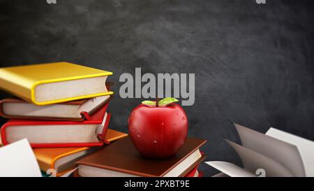 Livres et une pomme rouge debout devant le tableau noir. 3D illustration. Banque D'Images