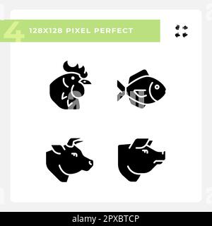 Les produits de viande et de poisson pixel parfait noir glyphe icônes sur l'espace blanc Illustration de Vecteur