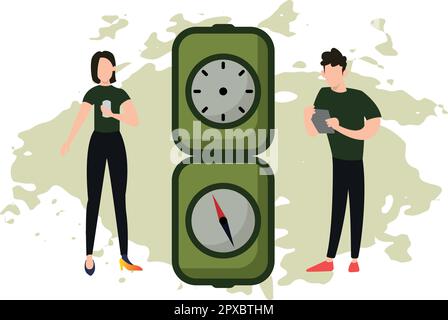 Garçon et fille regardant la boussole. Illustration de Vecteur