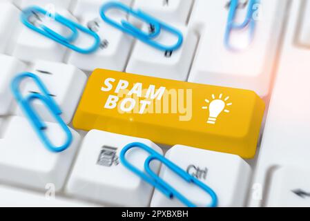 Signature d'écriture à la main Spam Bot, concept d'affaires programme autonome sur l'Internet qui envoie le spam aux utilisateurs Banque D'Images