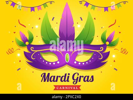 Mardi gras Carnival Party Illustration avec masque, plumes et Art Festival pour Web Banner ou Landing page en Flat Cartoon modèles dessinés à la main Banque D'Images