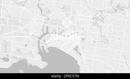 Carte d'arrière-plan vectorielle de la ville de Melbourne en blanc et gris clair, routes et illustration de l'eau. Format écran large, feuille de route de la conception numérique à plat. Illustration de Vecteur