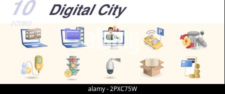Ensemble de villes numériques. Icônes créatives : soins de santé en ligne, données ouvertes, centre de développement des compétences, parking intelligent, gaspillage d'énergie, surveillance de la qualité de l'eau Illustration de Vecteur