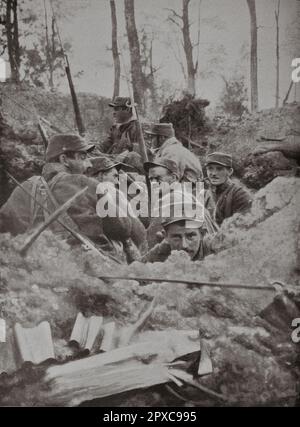 Guerre du carcajou I. Au bord de Calonne. 1915 la deuxième ligne allemande est conquise. Pendant qu'il était organisé, sept combattants, toujours dynamiques du combat, se trouvèrent dans un trou de coquillages des troupes de l'artillerie allemande. Sur 13 juillet, une violente réaction allemande, précédée d'une abondante émission de gaz, nous a emmenés un peu de terrain que nous avons repris presque immédiatement. Banque D'Images