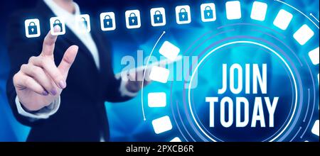Inspiration montrant le signe Rejoignez aujourd'hui, Internet concept pour devenir un nouveau membre de groupe ou s'inscrire à l'organisation Banque D'Images