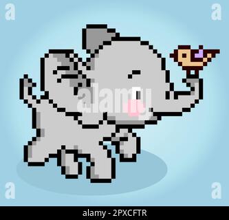 les pixels d'éléphant 8 bits jouent avec un oiseau. Happy Animals pour Cross Stitch dans les illustrations vectorielles. Illustration de Vecteur