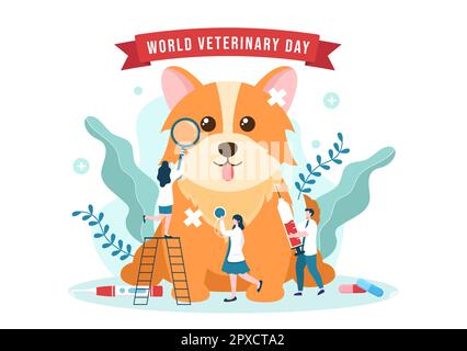 Journée mondiale de la vétérinaire sur 29 avril Illustration avec Doctor and cute Animals chiens ou chats en dessin animé à la main pour les modèles de page d'arrivée Banque D'Images