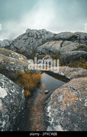 Parc national d'Andringitra, région de haute Matsiatra, Madagascar, beau paysage de montagne, petite lagune en sentier jusqu'à pic élevé dans la brume et le brouillard. Mannequin Banque D'Images