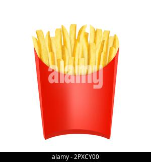 Frites. Pommes de terre dans une boîte rouge. Encas à emporter. Croustilles populaires rôties bâtonnets de collation dans un emballage en carton, isolé sur whi Illustration de Vecteur