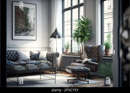 Salon, design intérieur 3D rendu, 3D Illustration. Banque D'Images