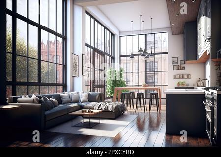 Cuisine ouverte moderne et confortable avec salon intérieur avec parquet en bois marron, plafond et murs blancs, grandes fenêtres avec vue sur la ville, kitchenette grise Banque D'Images