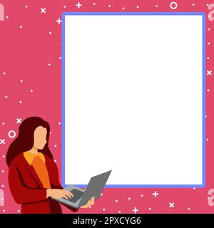 Femme d'affaires debout au coin de la rue. Femme tenant un ordinateur portable pour taper du texte. Banque D'Images
