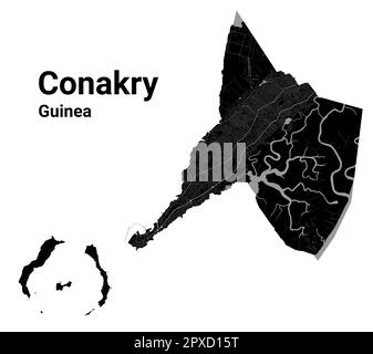 Carte de Conakry, Guinée. Carte détaillée en noir du quartier administratif de Conakry. Vue sur l'aria métropolitain avec affiche CityScape. Terre noire avec routes blanches et Illustration de Vecteur