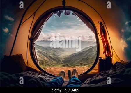 vue de l'intérieur de la tente avec des sacs de couchage sur la montagne. Banque D'Images