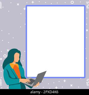 Femme d'affaires debout au coin de la rue. Femme tenant un ordinateur portable pour taper du texte. Banque D'Images