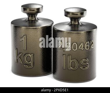 Convertir un kilogramme en livres. Poids avec 1 kg et un autre avec 2,2046 lb sur fond blanc, illustration 3D. Banque D'Images