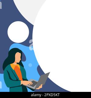 Femme d'affaires debout au coin de la rue. Femme tenant un ordinateur portable pour taper du texte. Banque D'Images