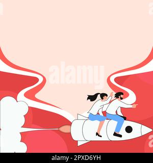 Les gens sur Rocket Ship directement. Tableau blanc vide sur fond coloré. Banque D'Images