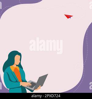 Femme d'affaires debout au coin de la rue. Femme tenant un ordinateur portable pour taper du texte. Banque D'Images
