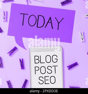 Signe d'écriture de main Blog Post Seo, Business vitrine optimisation du moteur de recherche appliquée au réseau social de blogging Banque D'Images