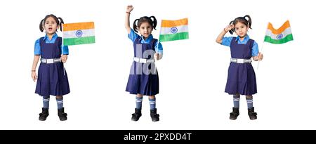 Collage sur toute la longueur d'une petite fille mignonne vêtue d'un uniforme d'école tenant le drapeau indien à la main avec différents gestes et expression faciale isolée Banque D'Images