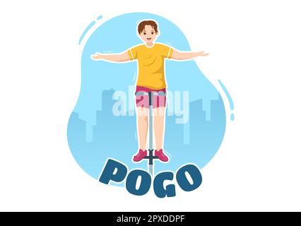 Les personnes jouant avec Sport Jump Pogo Stick Illustration pour bannière Web ou page d'arrivée en extérieur Fun Toy Flat Cartoon modèles dessinés à la main Banque D'Images