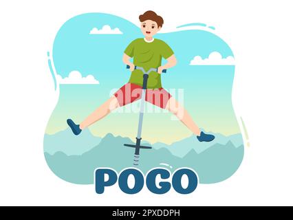 Les personnes jouant avec Sport Jump Pogo Stick Illustration pour bannière Web ou page d'arrivée en extérieur Fun Toy Flat Cartoon modèles dessinés à la main Banque D'Images