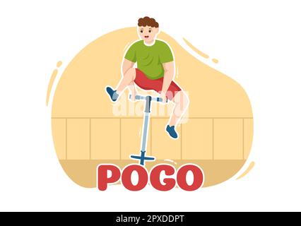 Les personnes jouant avec Sport Jump Pogo Stick Illustration pour bannière Web ou page d'arrivée en extérieur Fun Toy Flat Cartoon modèles dessinés à la main Banque D'Images